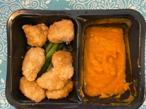 Chicken Bites with Mashed Sweet Potatoes & Green Beans